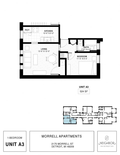 Floor plan for 1 bed, 1 bath, 524 sqft
